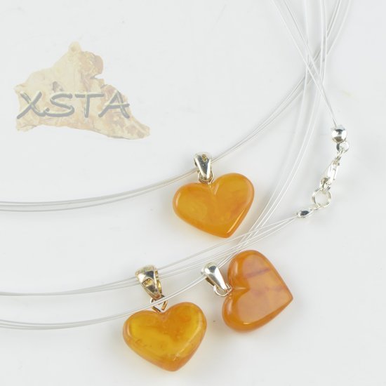 Heart amber pendant with cord silver 925